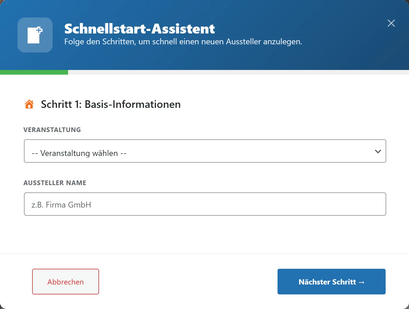 Der Schnellstart-Assistent, Schritt 1 von 6. Der grüne Balken zeigt den Fortschritt.