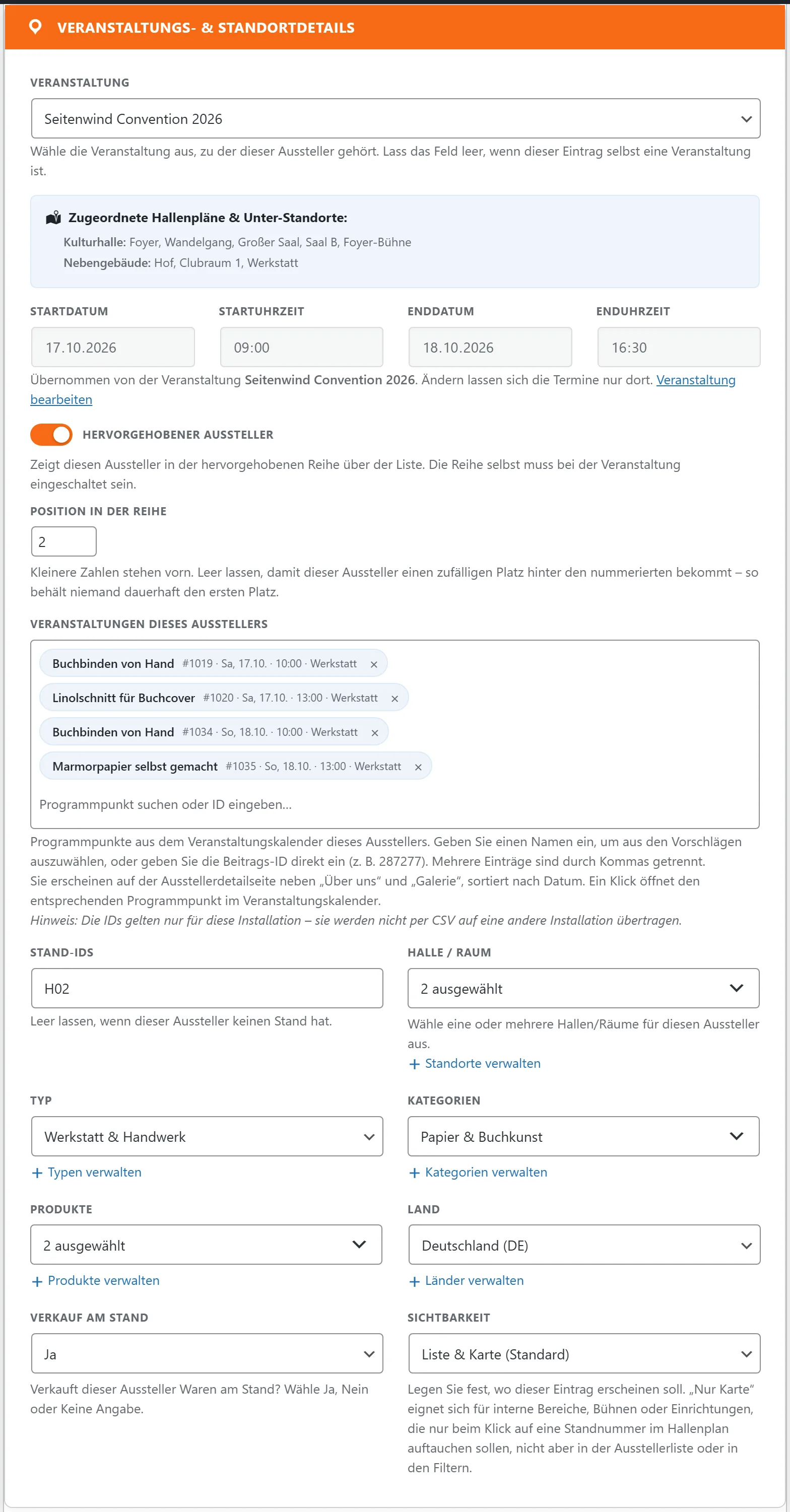 Unter „Veranstaltungen dieses Ausstellers“ stehen die Programmpunkte als Pillen mit ID, Datum, Uhrzeit und Raum.
