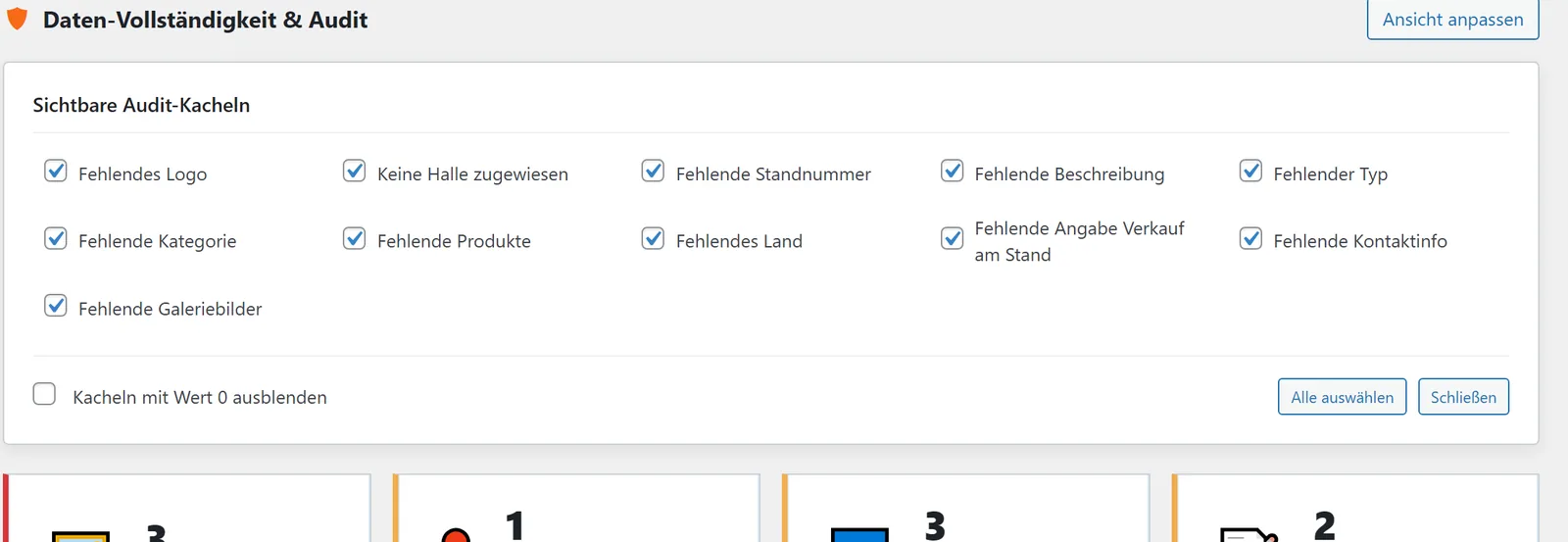 „Ansicht anpassen“: welche Prüfkacheln sichtbar sind und ob Kacheln mit dem Wert 0 ausgeblendet werden.
