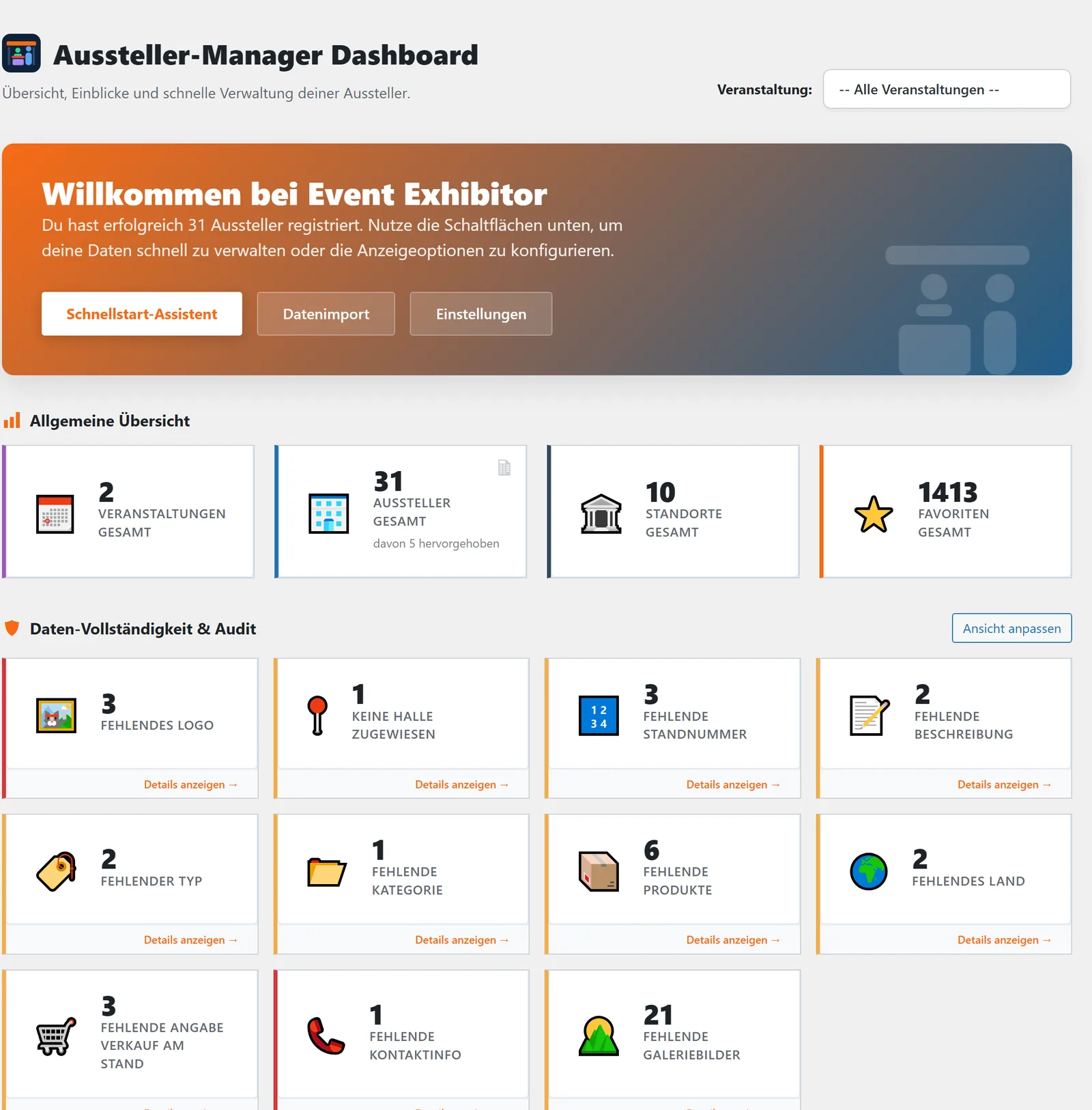 Das Dashboard: oben der Veranstaltungsfilter und das Willkommensbanner mit Schnellstart-Assistent, Datenimport und Einstellungen; darunter die vier Kennzahlen, die Prüfkacheln und die Auswertungen.