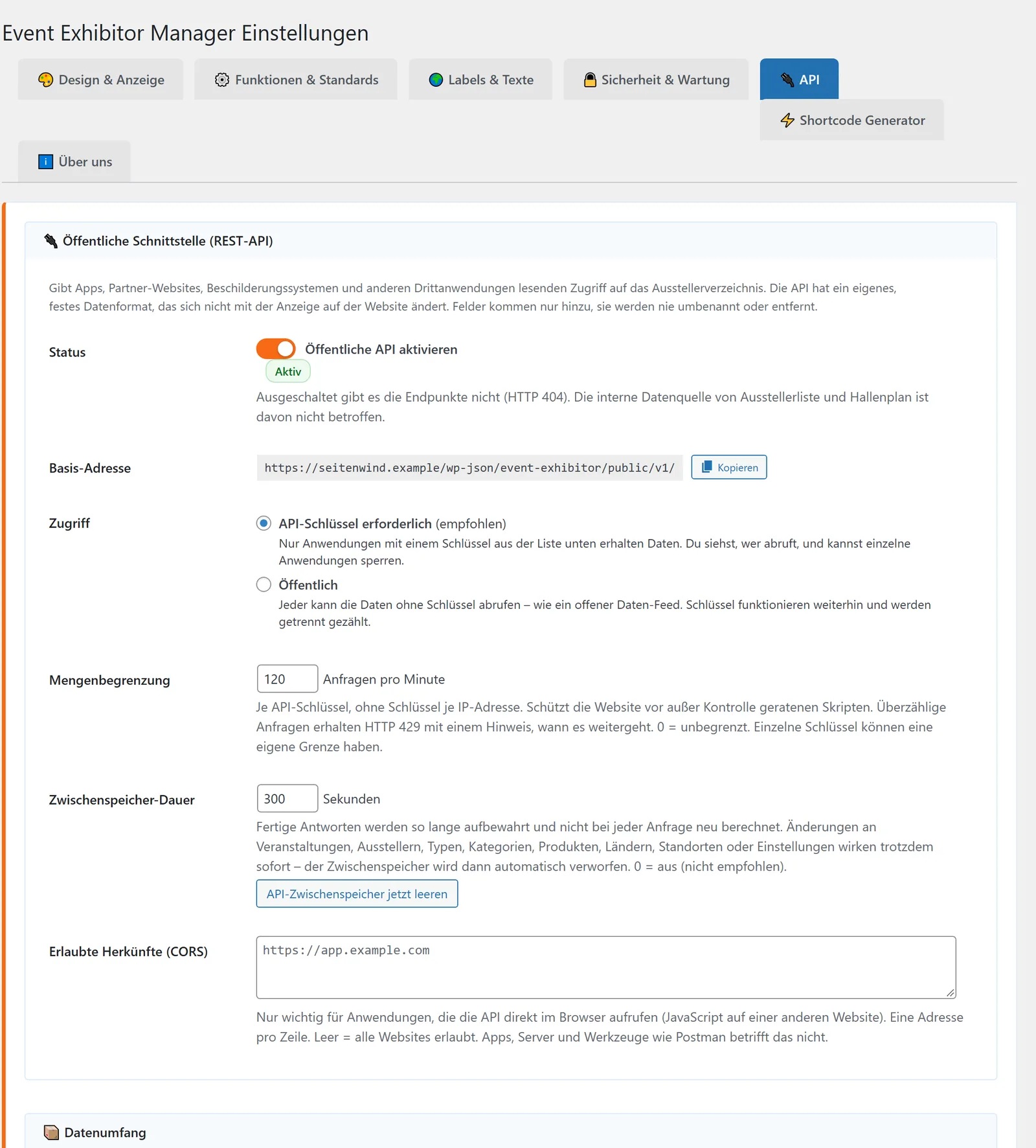 Reiter „API“: Status, Basis-Adresse, Zugriff, Mengenbegrenzung, Zwischenspeicher und erlaubte Herkünfte, darunter der Datenumfang.