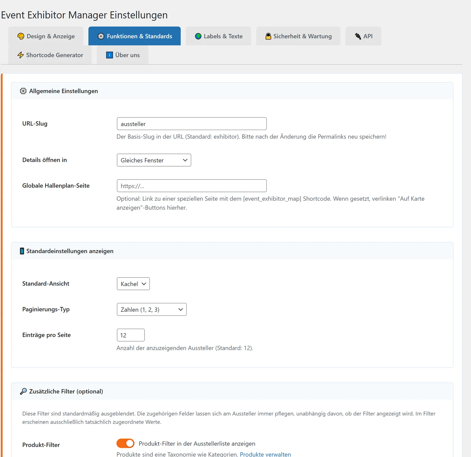 Reiter „Funktionen &amp; Standards“: URL-Pfad, Fenster, Startansicht, Seitennavigation und die vier zusätzlichen Filter.