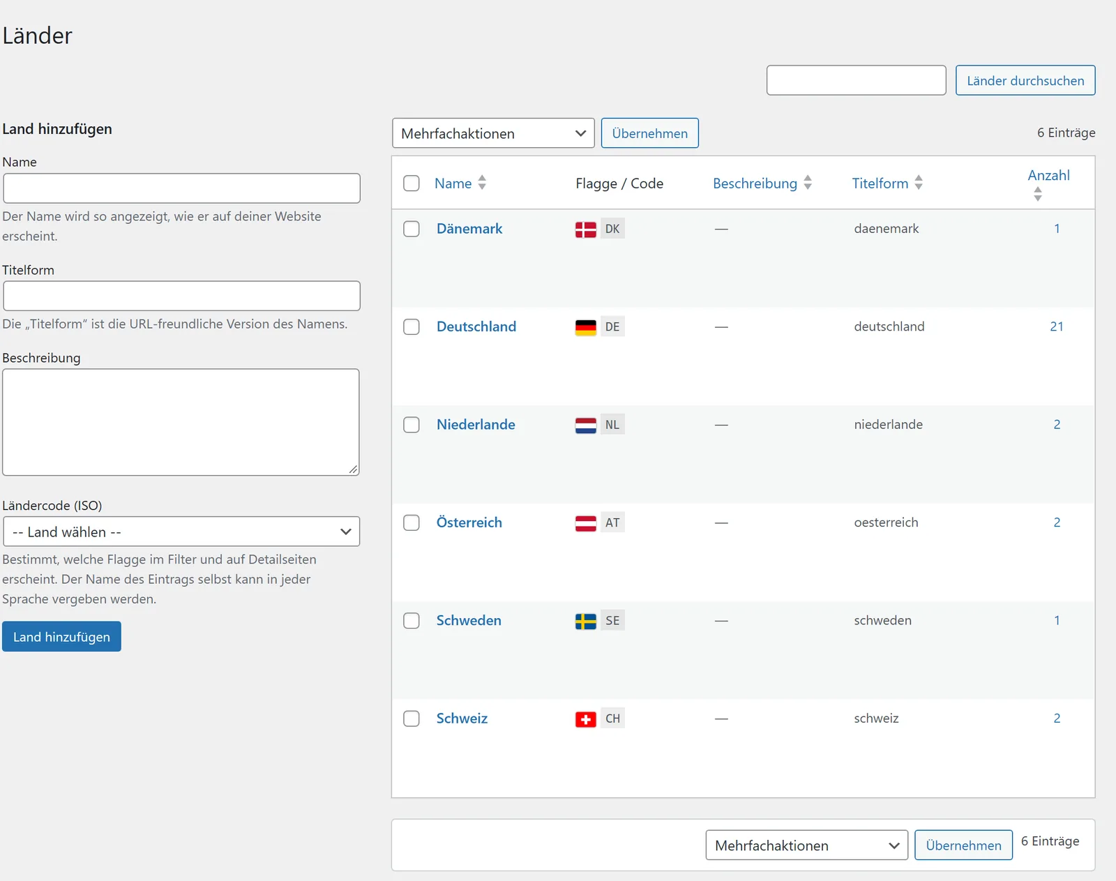Aussteller → Länder: links Name und Ländercode, rechts die Liste mit der Spalte „Flagge / Code“.