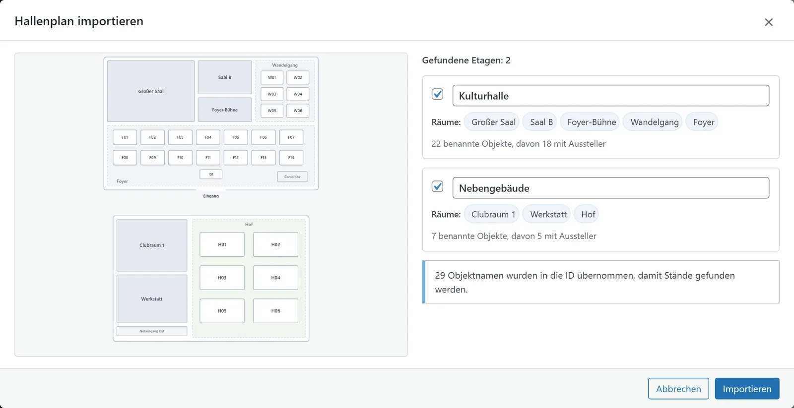Der Dialog „Hallenplan importieren“ mit einer Datei aus Inkscape: zwei Etagen mit ihren Räumen, benannte Objekte je Etage und der Hinweis auf die übernommenen Objektnamen.
