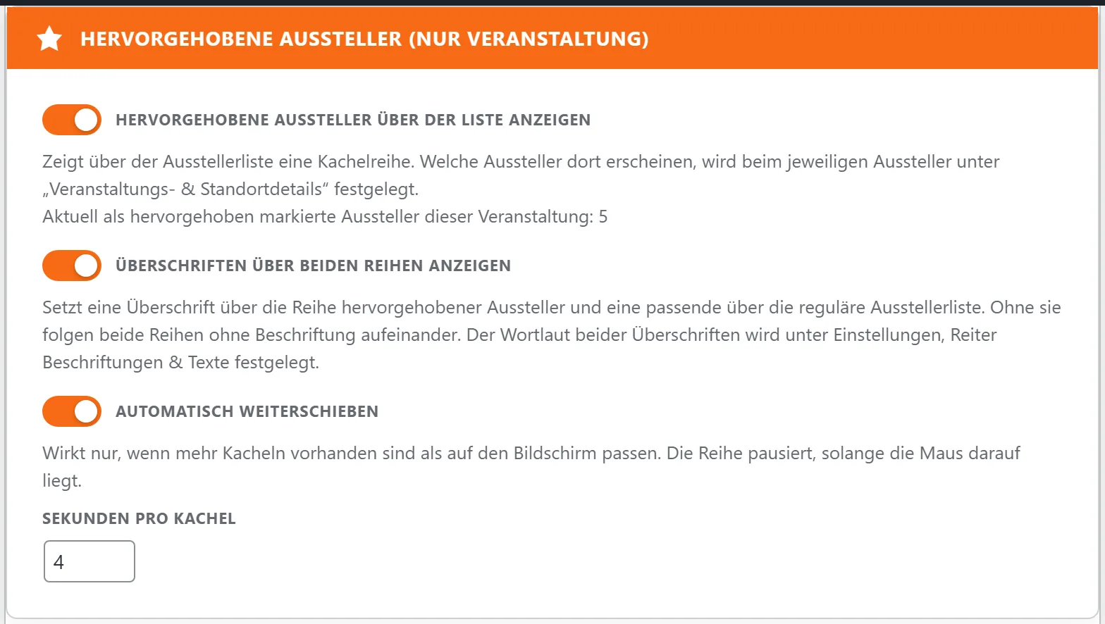 Die Box „Hervorgehobene Aussteller (nur Veranstaltung)“ in der Bearbeitungsmaske der Veranstaltung.
