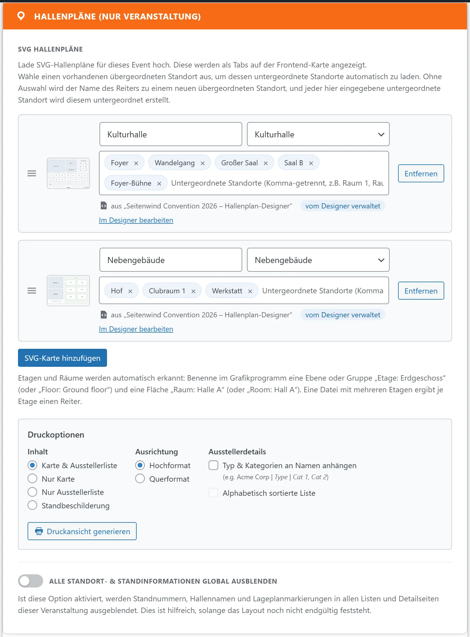 Die Box „Hallenpläne“ der Veranstaltung: oben die Pläne, darunter die Druckoptionen mit Inhalt, Ausrichtung und Ausstellerdetails, ganz unten der Schalter zum Ausblenden aller Standinformationen.