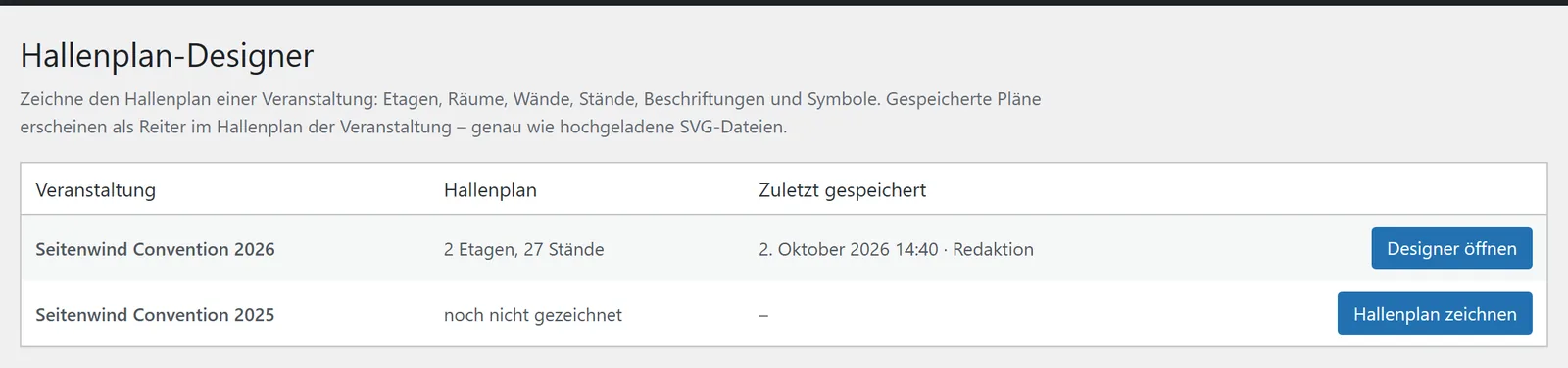 Die Auswahl unter Exhibitor Manager → Hallenplan-Designer: je Veranstaltung Etagen und Stände, letzte Speicherung und der passende Knopf.