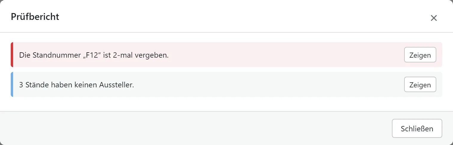 Der Prüfbericht: Eine doppelt vergebene Nummer blockiert das Speichern, leere Stände sind nur ein Hinweis.