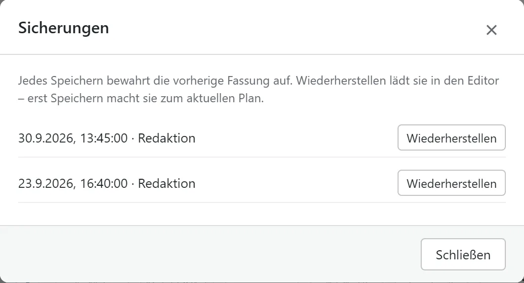 Die Sicherungen der letzten Fassungen mit Zeitpunkt und Benutzer.