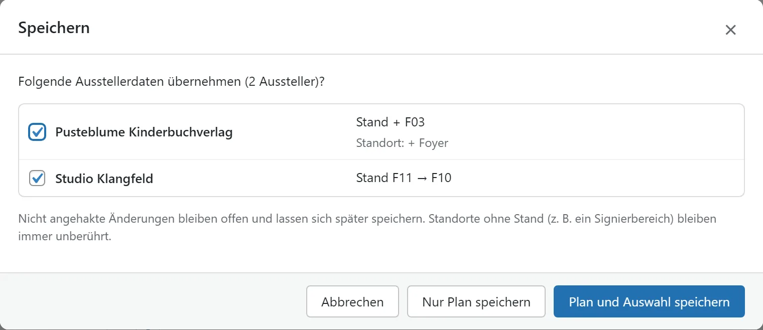 Speichern mit offenen Zuweisungen: ein neuer Stand samt Standort und ein Umzug von F11 nach F10.