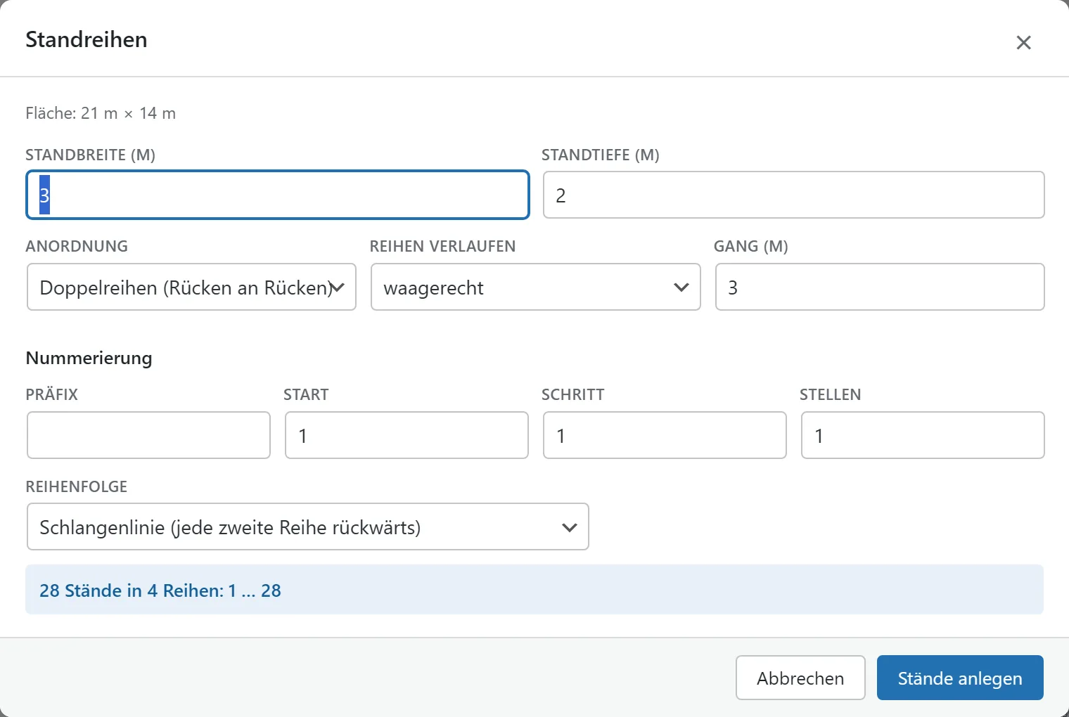 Der Dialog „Standreihen“ mit Vorschau: wie viele Stände in wie vielen Reihen, mit welchen Nummern.