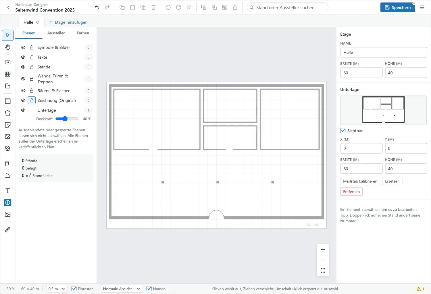 Ein Architekten-Grundriss als Unterlage (Deckkraft 40 %); rechts die Felder der Unterlage mit „Maßstab kalibrieren“.