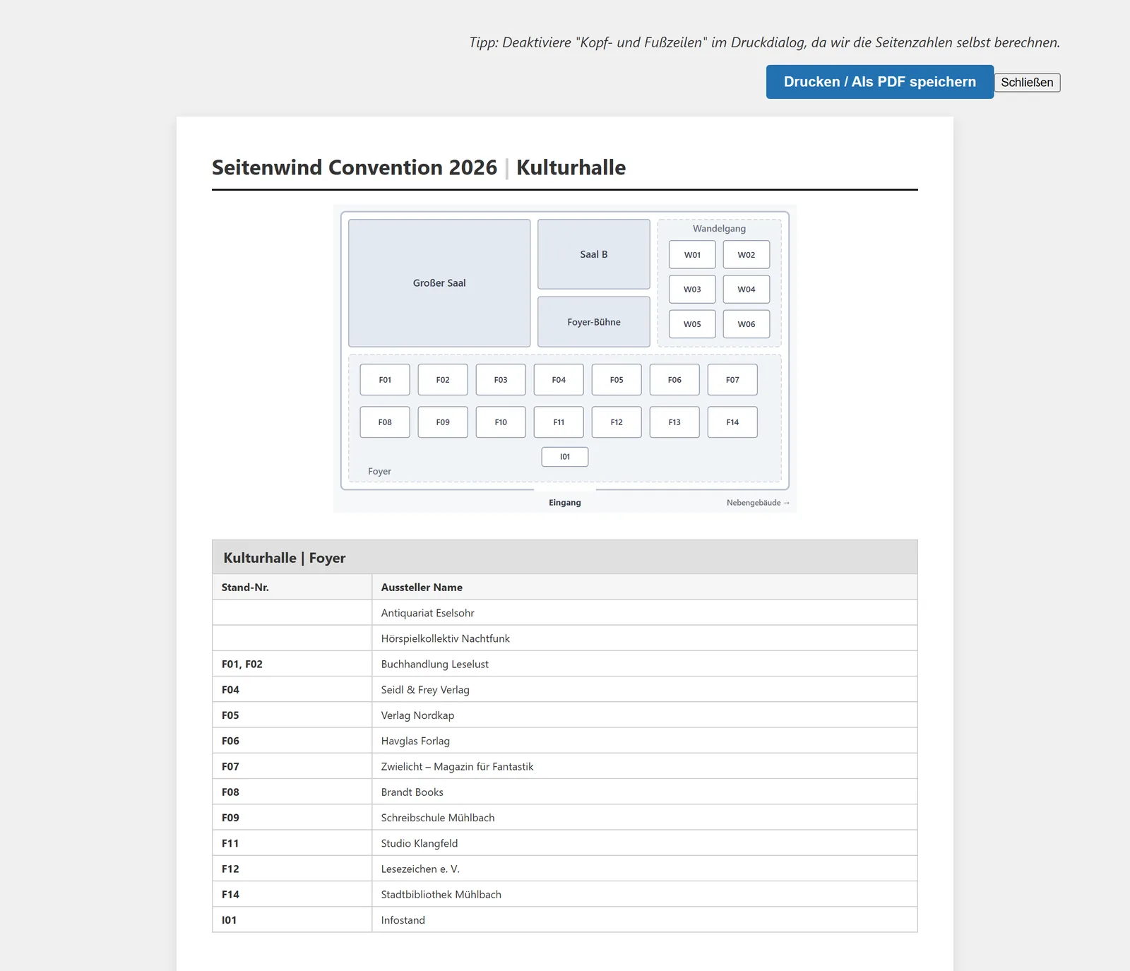 Die Druckansicht „Karte &amp; Ausstellerliste“ mit Hallenplan und Standliste.