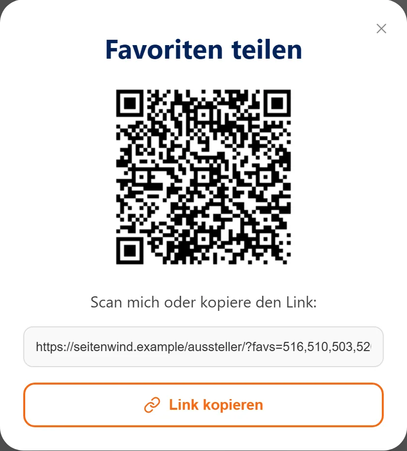 Das Fenster „Favoriten teilen“: QR-Code, Adresse und „Link kopieren“.