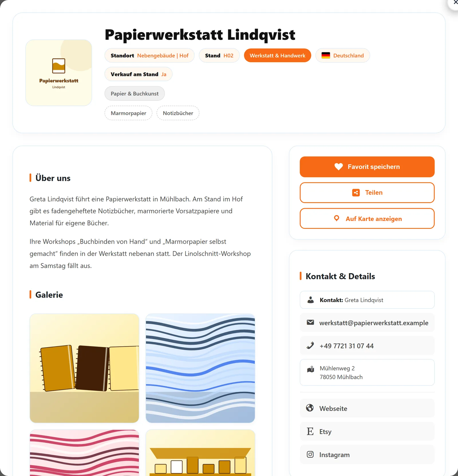Die Detailansicht als Pop-up: oben Logo, Name und die Kennzeichen für Standort, Stand, Typ, Land und Verkauf am Stand, darunter Kategorien und Produkte; links „Über uns“ und Galerie, rechts Merken, Teilen, „Auf Karte anzeigen“ und die Kontaktdaten.