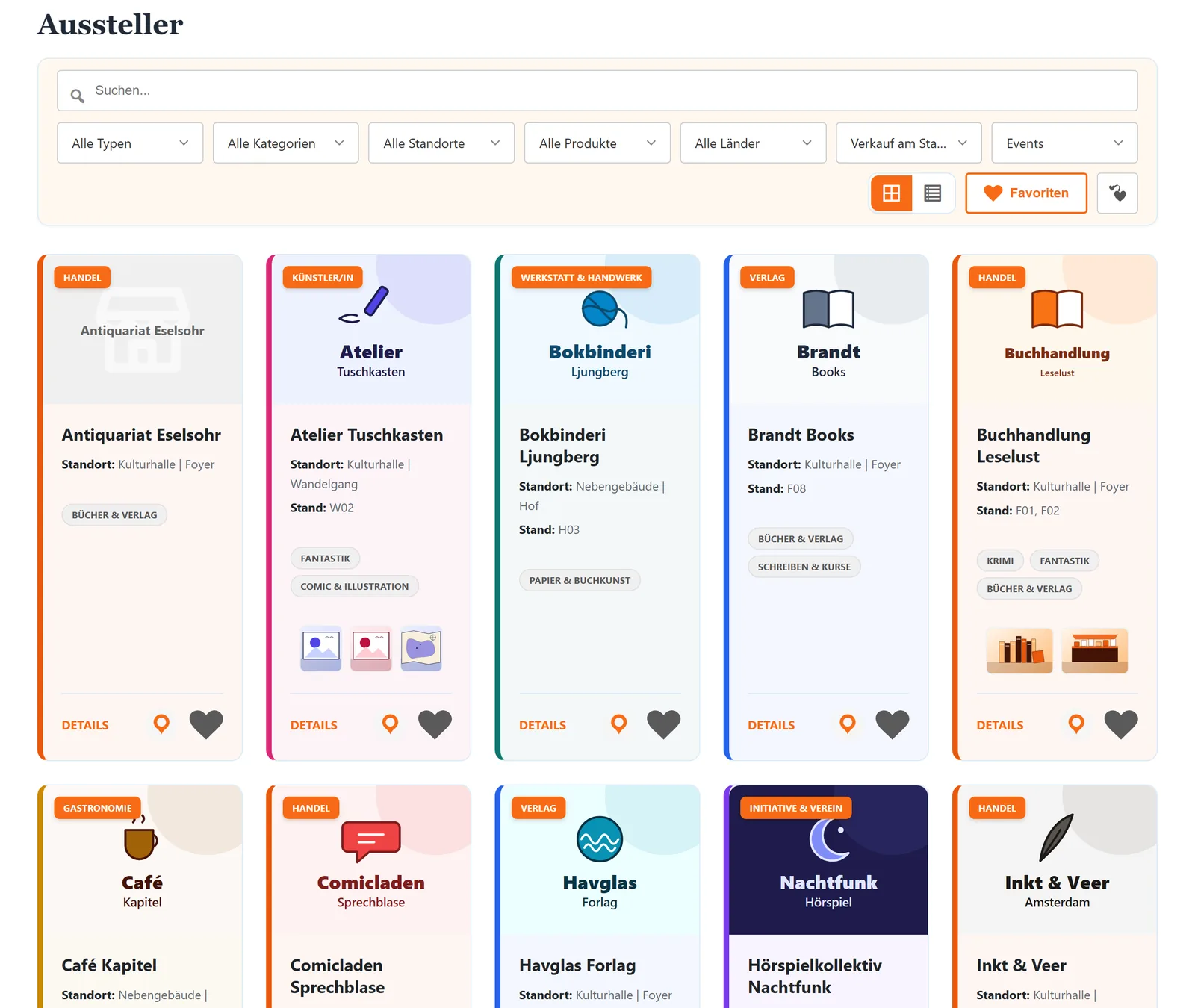 Das Ausstellerverzeichnis: Suche, Filter, Ansichtsumschalter und Merkliste, darunter die Kacheln mit Typ-Kennzeichen, Standort, Stand und Kategorien.