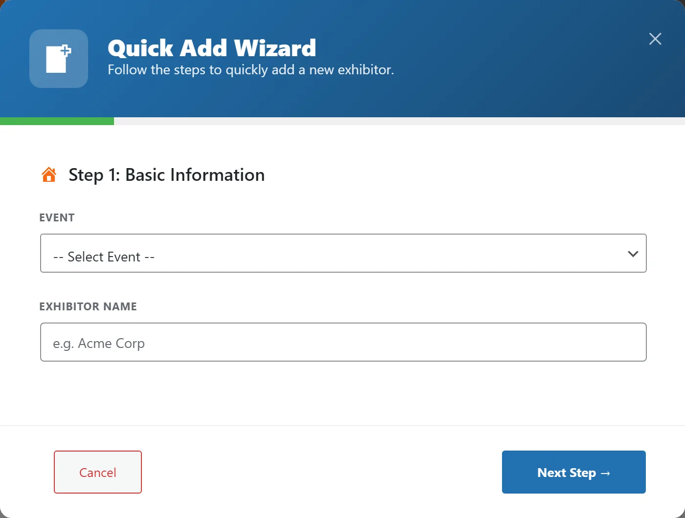 The Quick Add Wizard, step 1 of 6. The green bar shows progress.