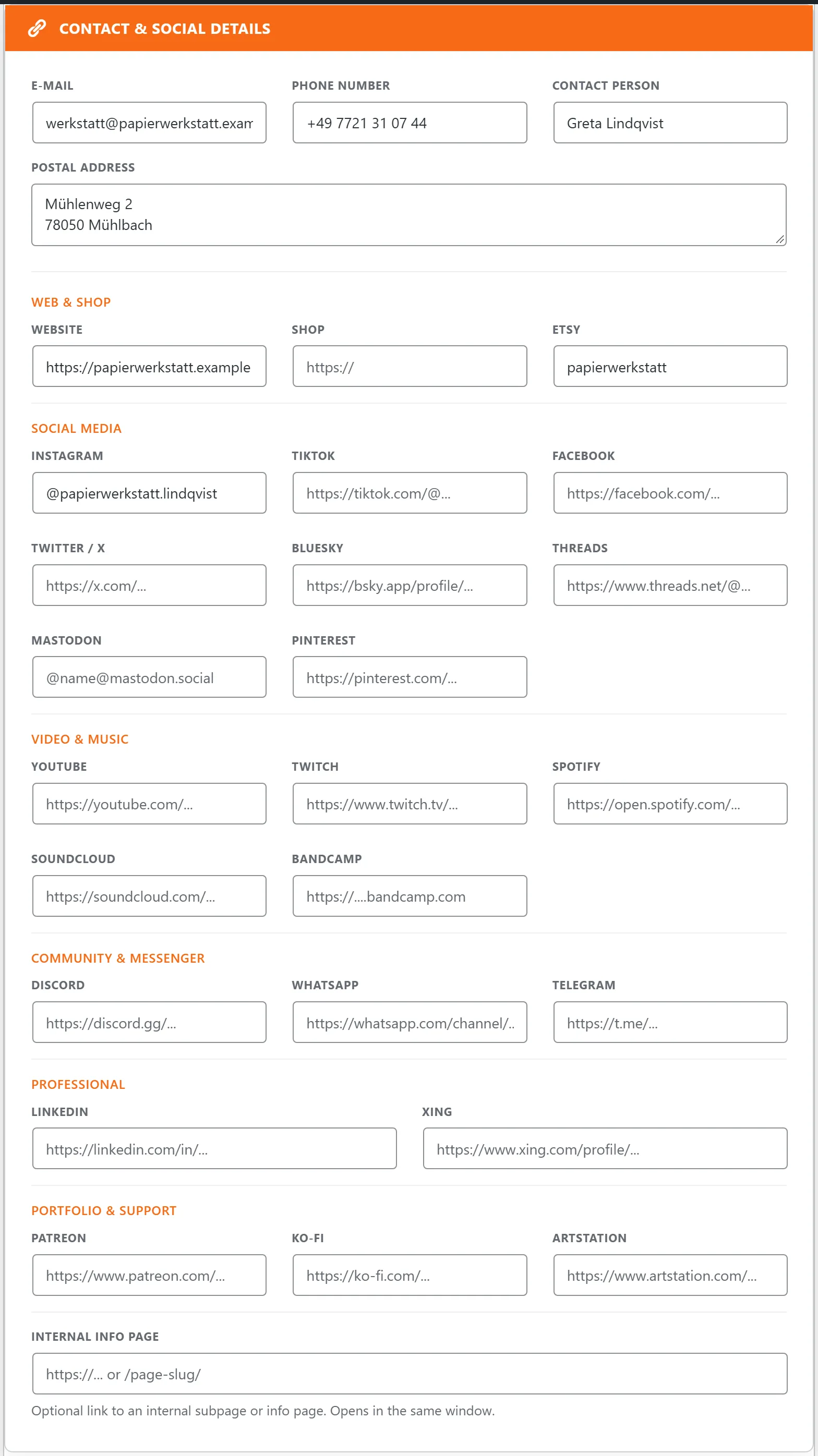 The “Contact &amp; Social Details” section: the contact block at the top, the link platforms by group below.