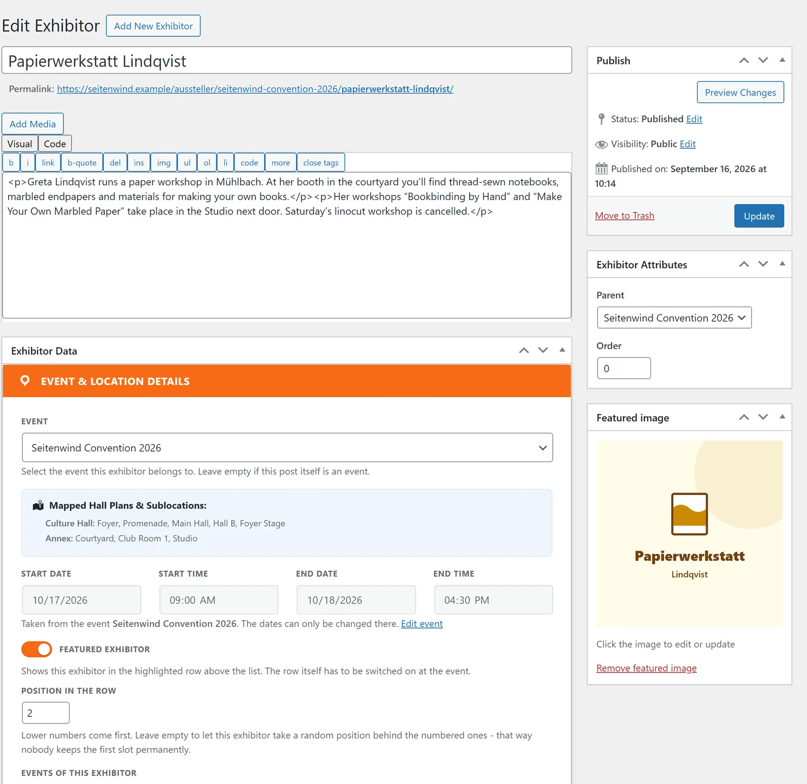 An exhibitor’s edit screen: title, description, the “Exhibitor data” box below; publish and the logo as featured image on the right.