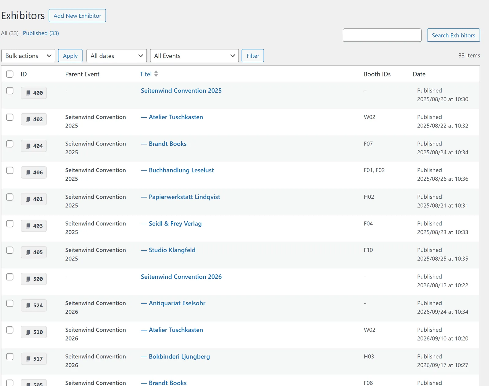 The list under Exhibitors → Exhibitors: the event at the top, its exhibitors indented with a leading dash below. A click on the ID copies it.