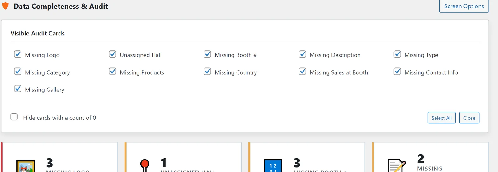 “Screen Options”: which audit tiles are visible and whether tiles with a value of 0 are hidden.