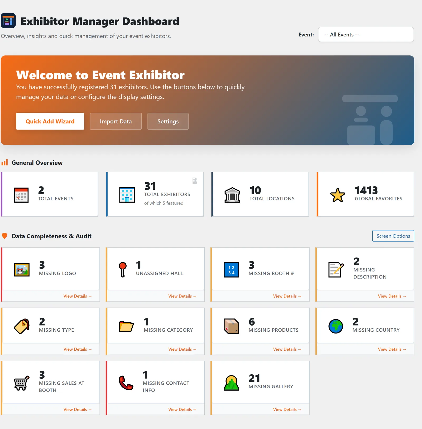 The dashboard: event filter and welcome banner with Quick Add Wizard, import and settings at the top; the four key figures, the audit tiles and the insights below.