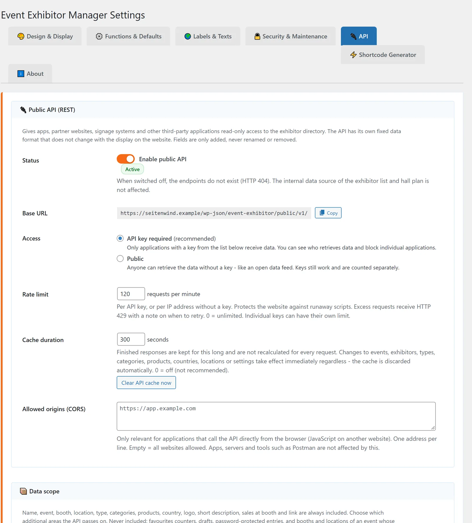 The “API” tab: status, base address, access, rate limit, cache and allowed origins, the data scope below.
