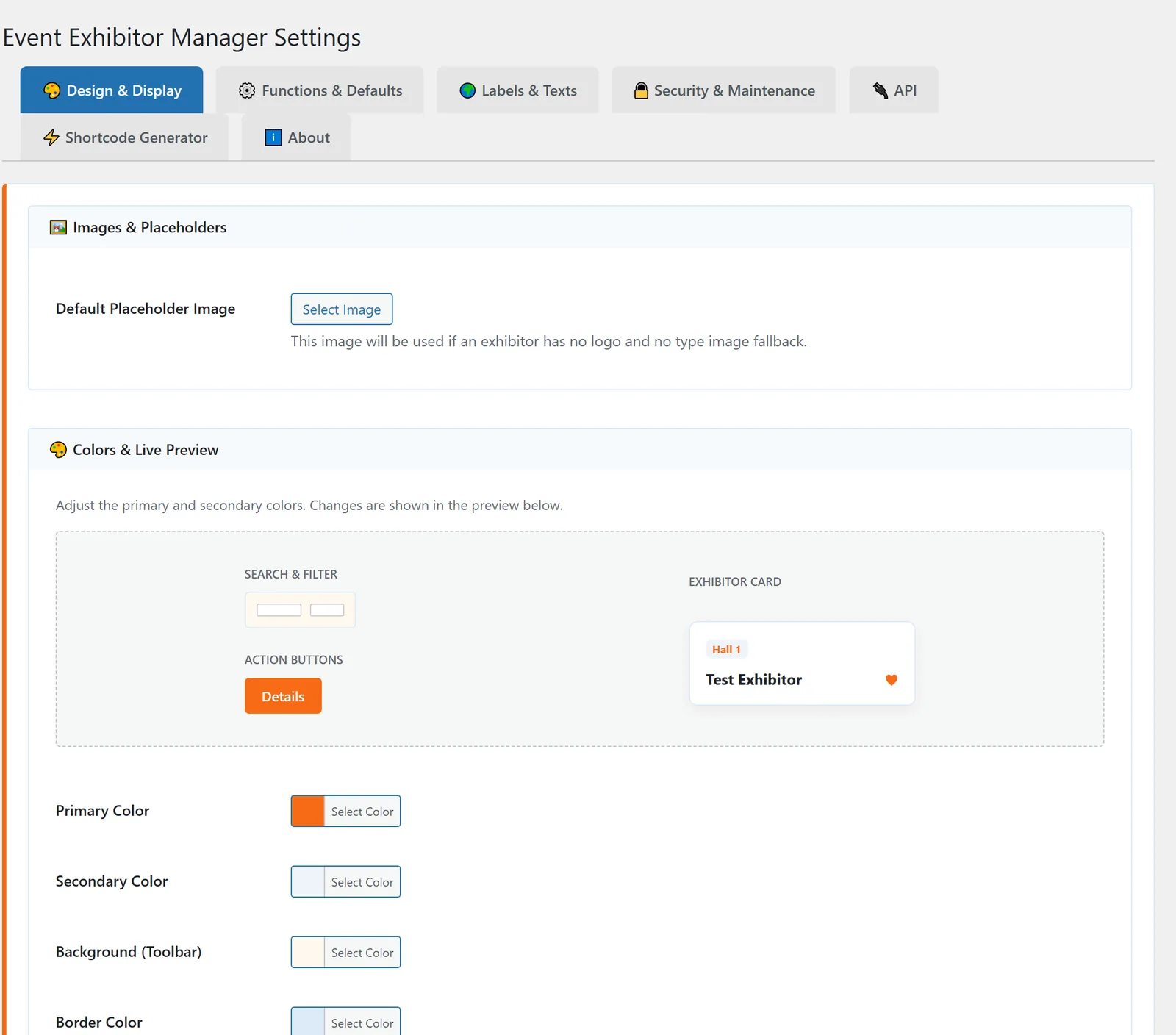 The “Design &amp; Display” tab: placeholder image, colors with live preview, grid and detail view below.