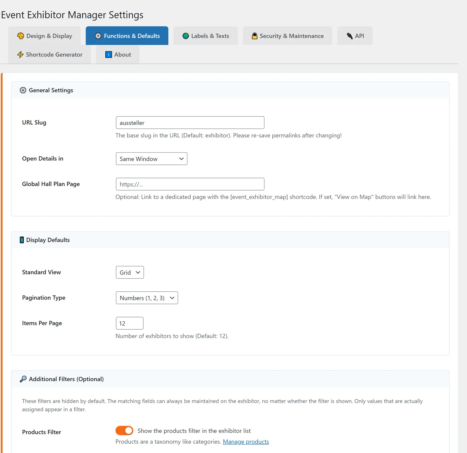 The “Functions &amp; Defaults” tab: URL path, window, start view, pagination and the four additional filters.