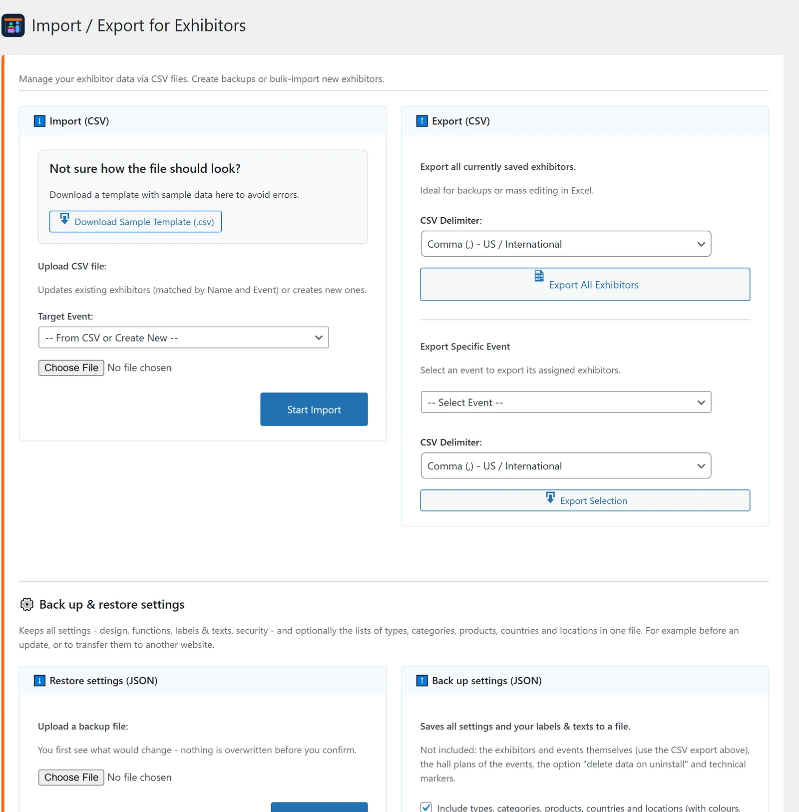 The “Import / Export” page: template, file and target event on the left, delimiter and the two export variants on the right.