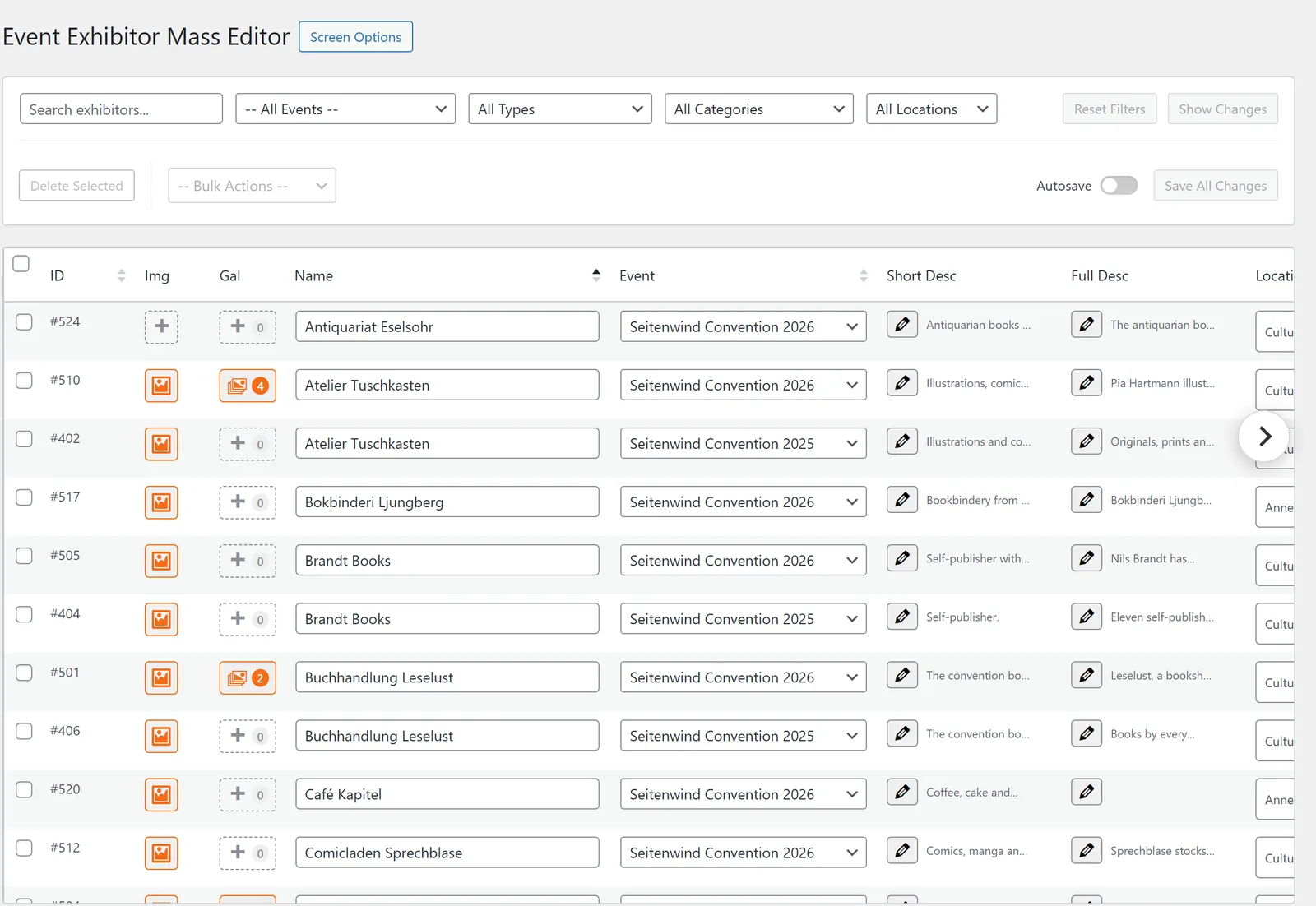 The Mass Editor: search and filters at the top, bulk actions, “Delete Selected”, “Autosave” and “Save All Changes” below; each row an exhibitor, each cell directly editable.