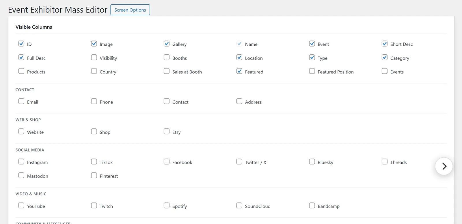 “Screen Options”: all 48 columns grouped as in the form.