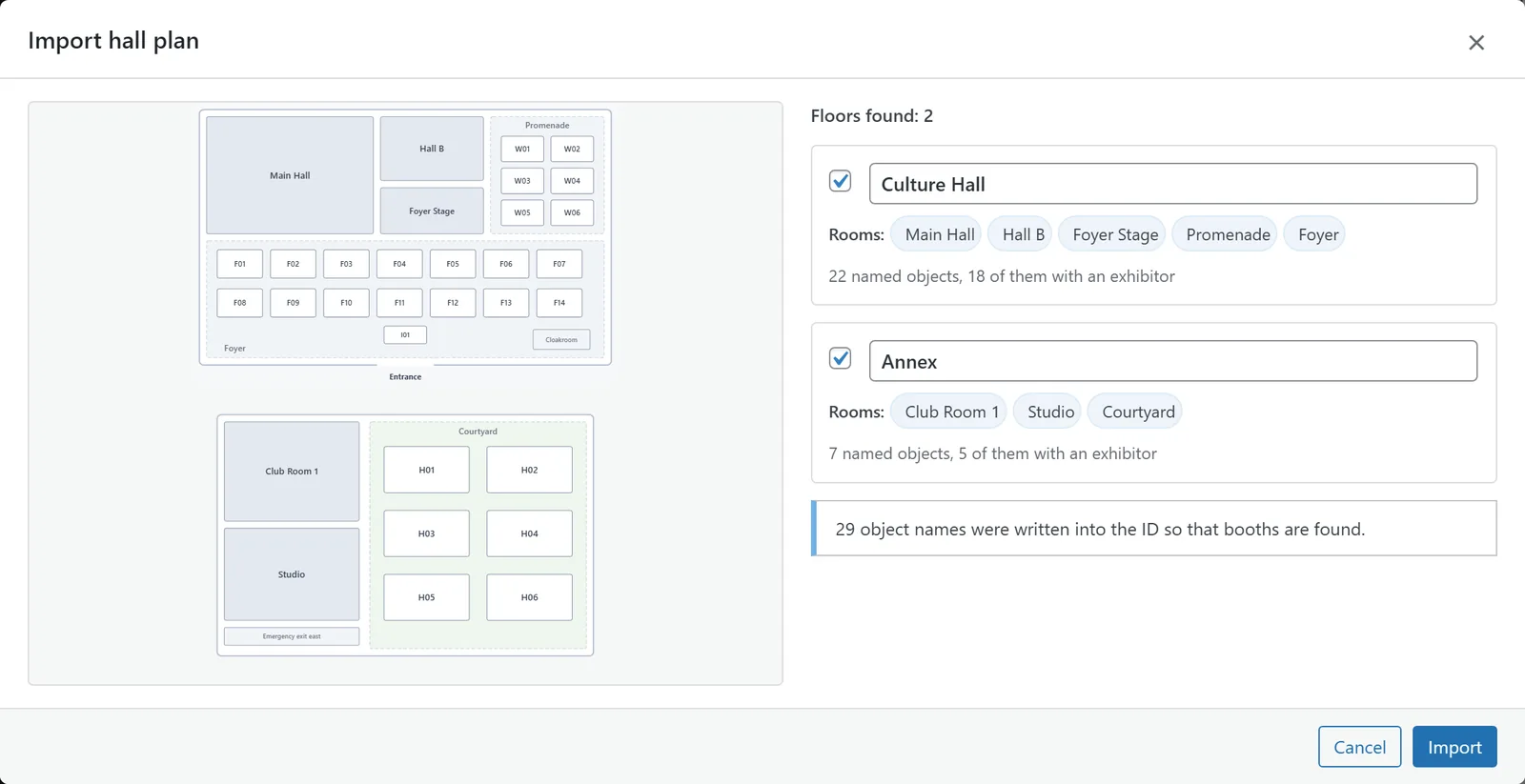 The “Import hall plan” dialog with a file from Inkscape: two floors with their rooms, named objects per floor and the note on the object names taken over.