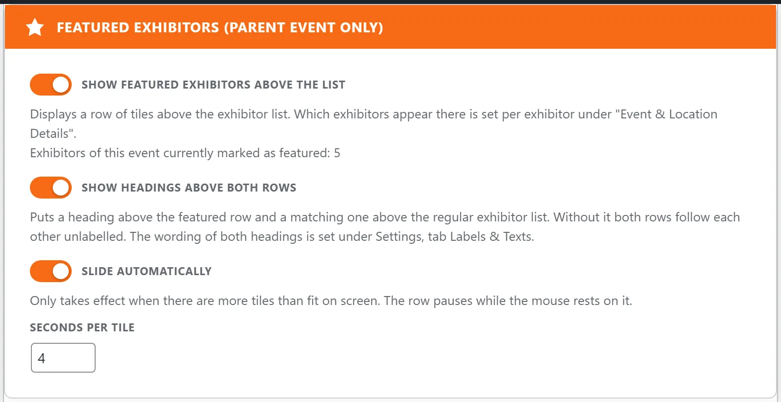 The “Featured Exhibitors (event only)” box in the event’s edit screen.
