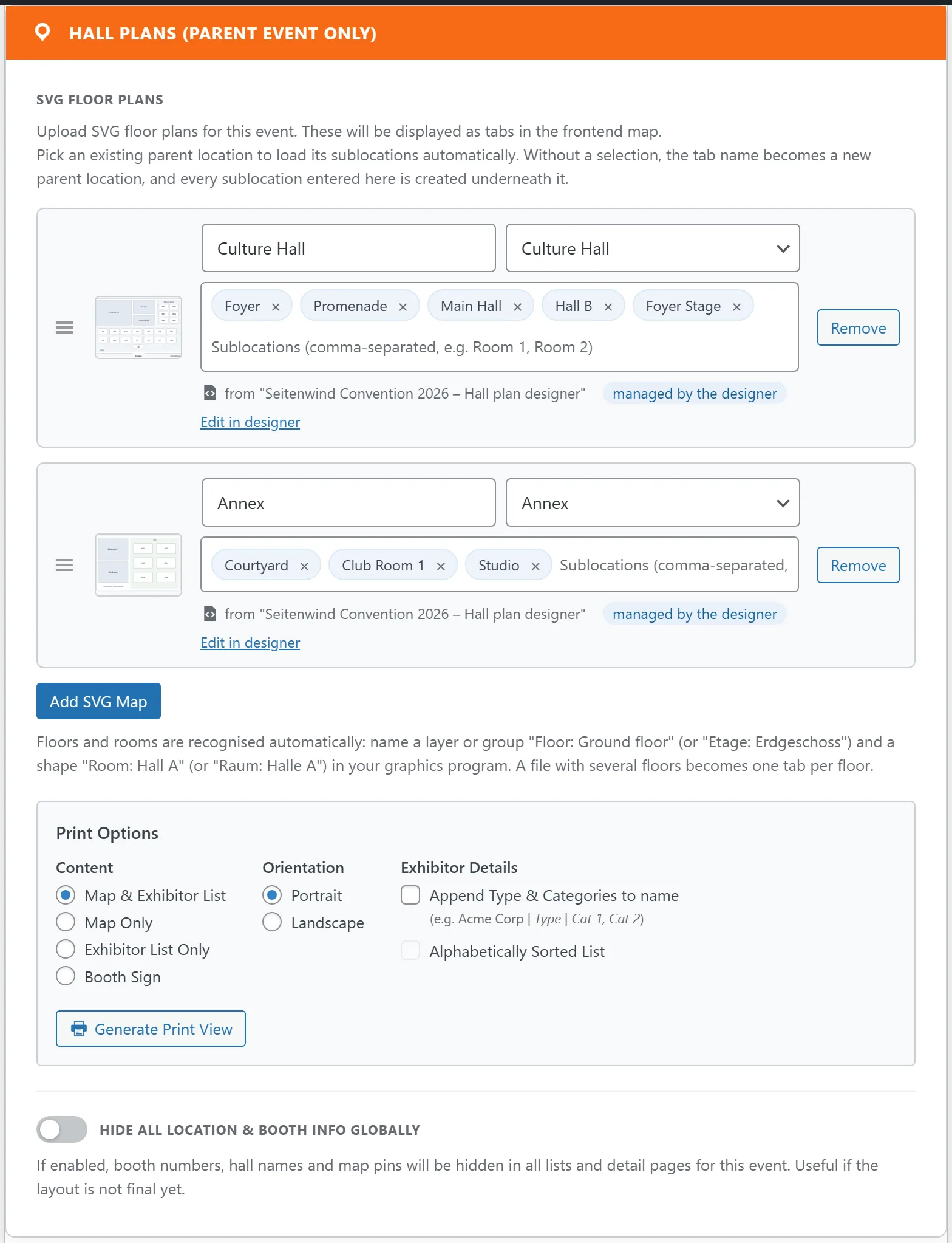 The “Hall plans (event only)” box: one row per plan with preview, tab name, parent location and the rooms as pills; the print options below.
