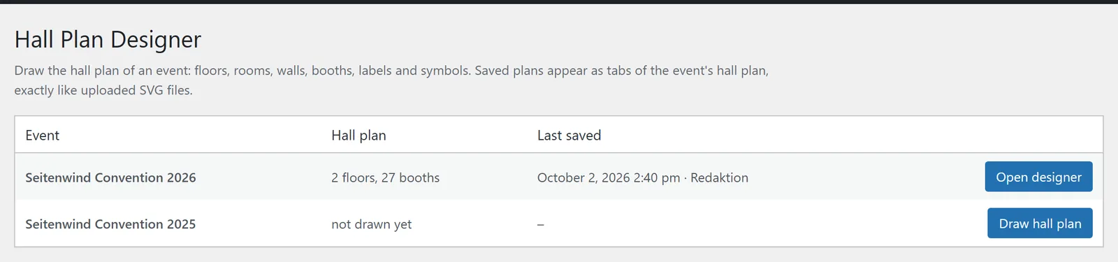 The overview under Exhibitor Manager → Hall Plan Designer: floors and booths per event, last save and the matching button.
