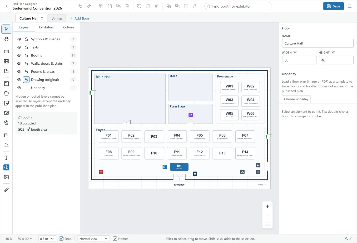 The Hall Plan Designer with the Seitenwind Convention plan: floor tabs at the top, tools on the left, layers and figures in the side bar, properties on the right, status bar with view and check report.