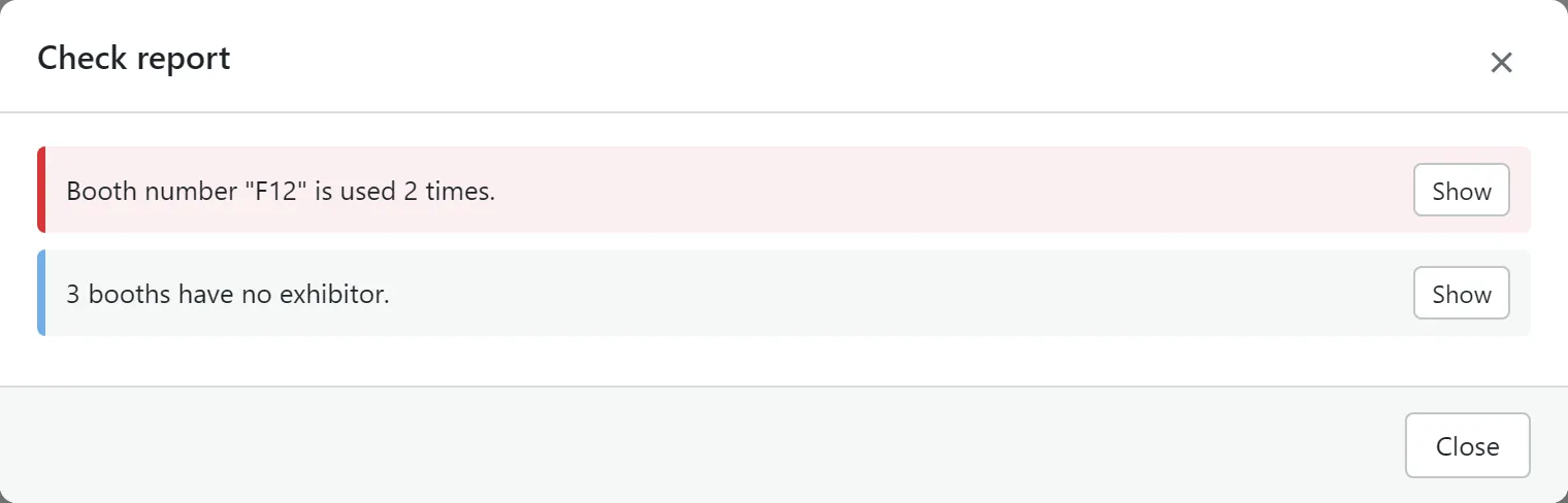 The check report: a duplicate number blocks saving, empty booths are only a hint.