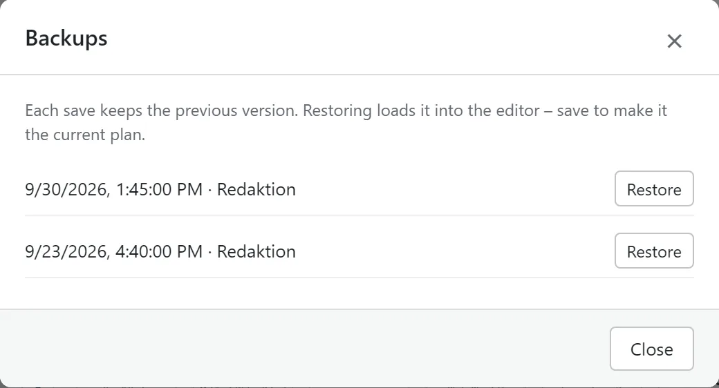 The backups of the last versions with time and user.