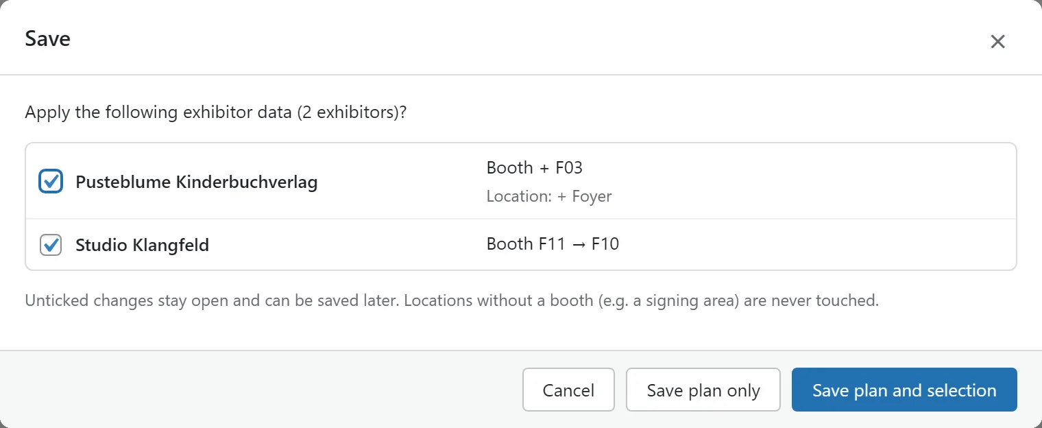 Saving with open assignments: a new booth including its location and a move from F11 to F10.
