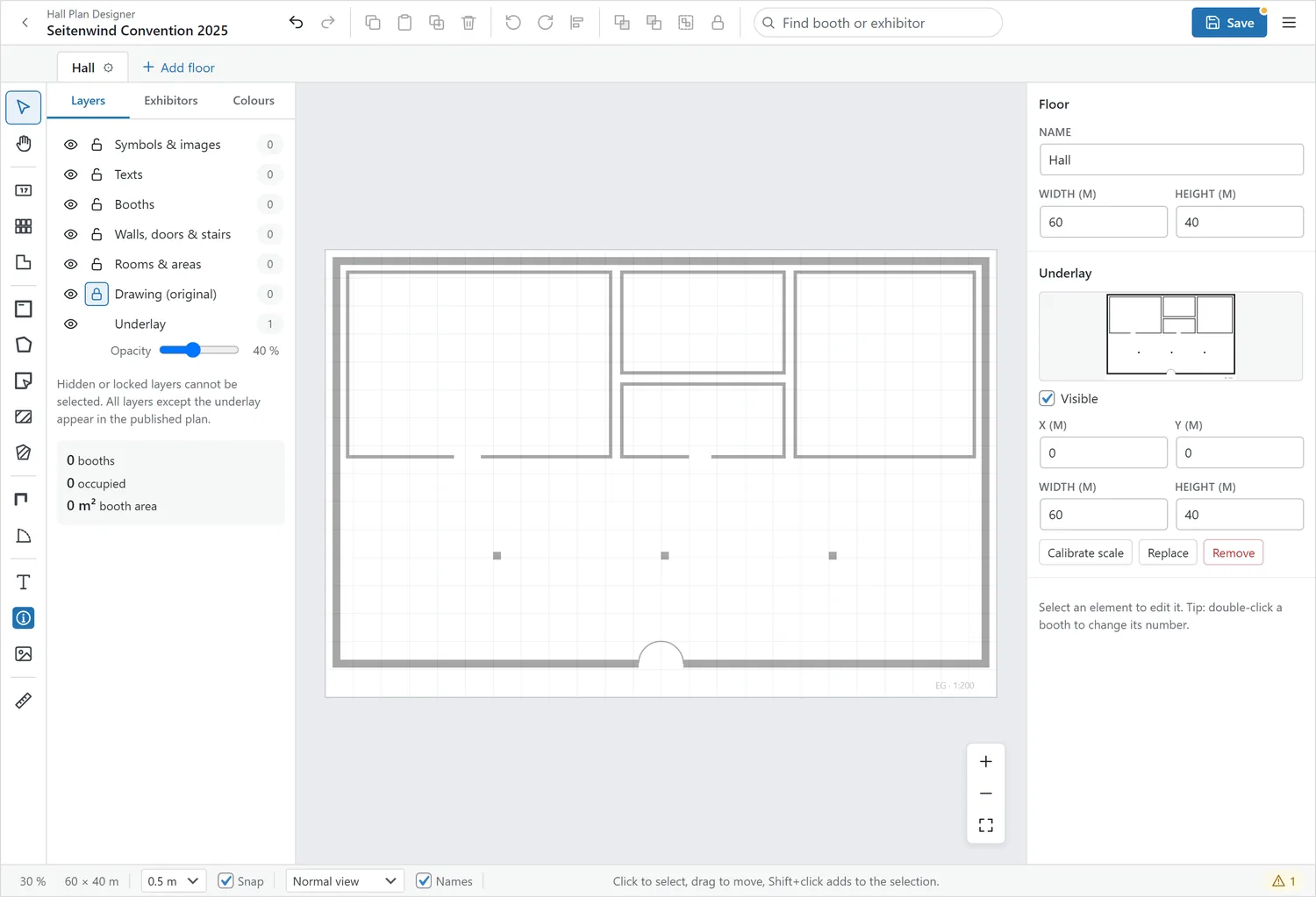 An architect’s floor plan as underlay (40 % opacity); on the right the underlay fields with “Calibrate scale”.