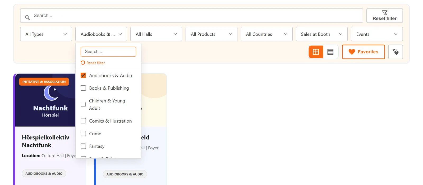 A filter with multiple selection: search line, “Reset filter” and a checkbox per entry.