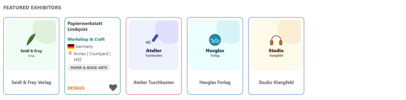 The “Featured Exhibitors” row. The second tile is flipped and shows name, type, country, location with booth, category, “Details” and heart.