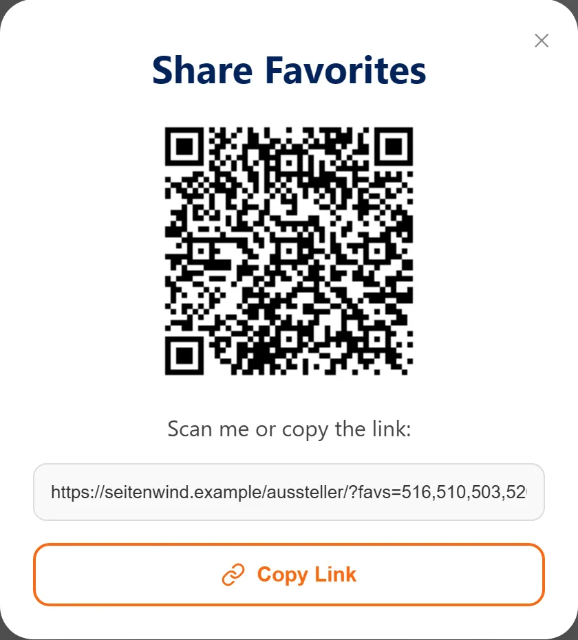 The “Share favorites” window: QR code, address and “Copy link”.