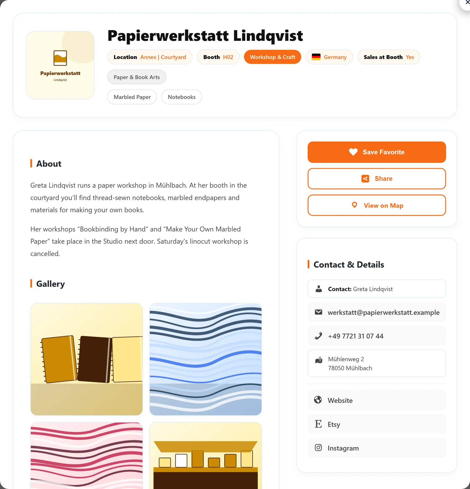 The detail view as a pop-up: logo, name and badges for location, booth, type, country and sales at booth at the top, categories and products below; “About us” and gallery on the left, save, share, “View on map” and contact details on the right.