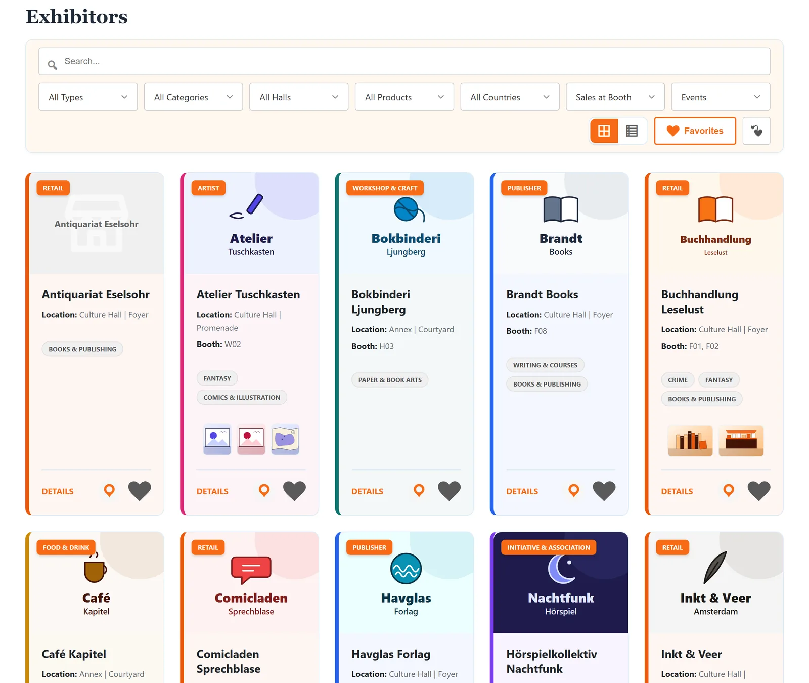 The exhibitor directory: search, filters, view switcher and favorites, with tiles showing type badge, location, booth and categories below.