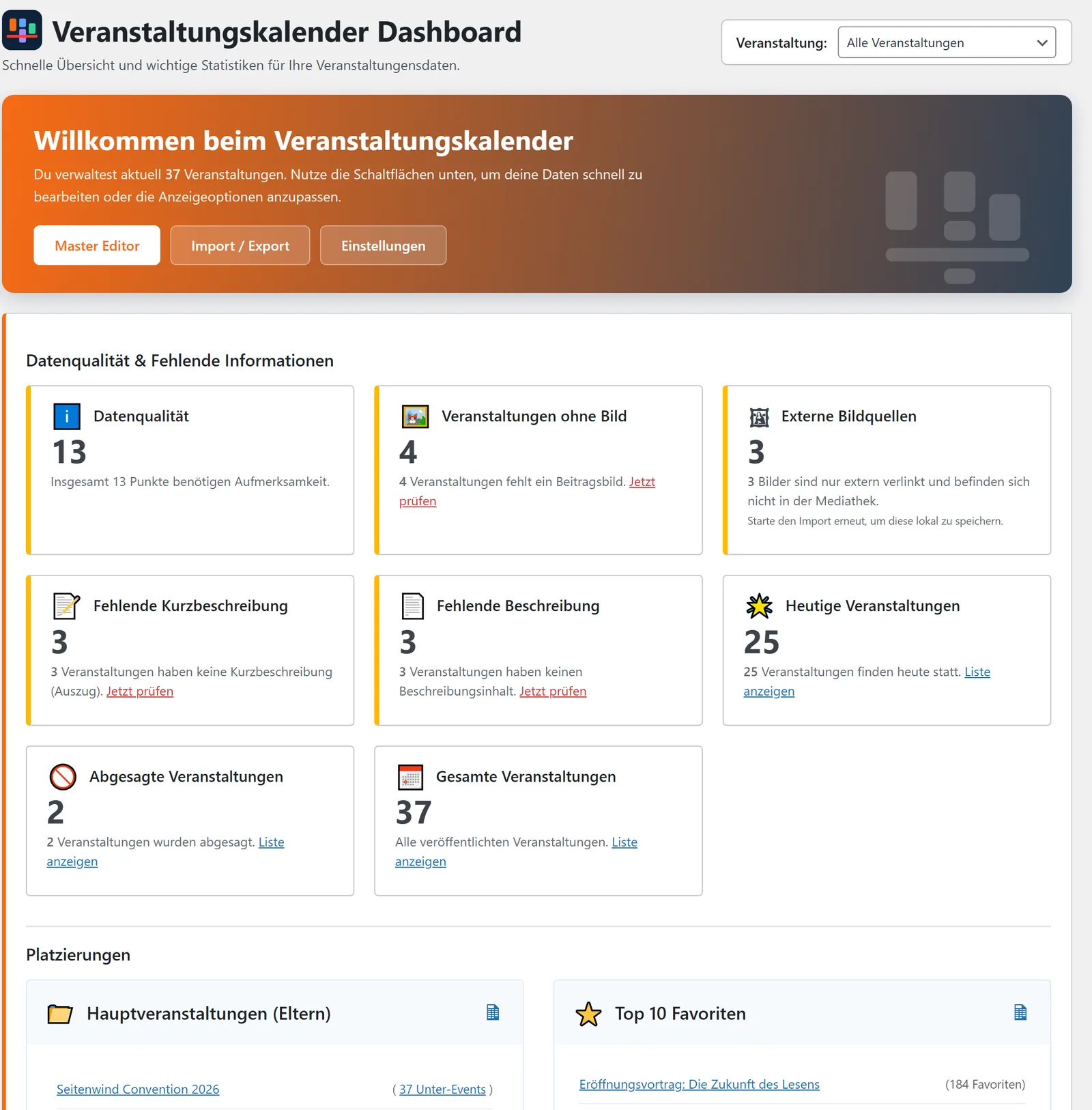 Das Dashboard: oben der Veranstaltungs-Filter und das Willkommensbanner, darunter die Karten zur Datenqualität und die Platzierungen.