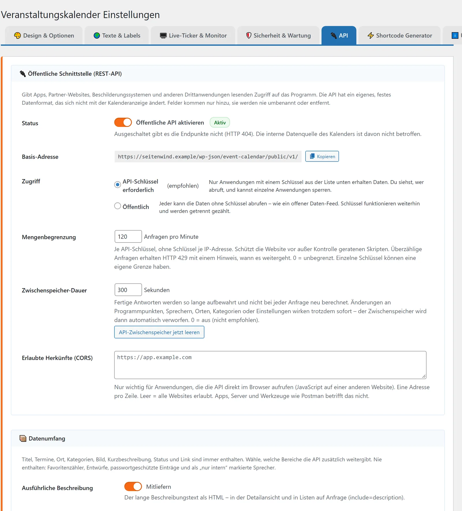 Reiter „API“: Status, Basis-Adresse, Zugriff, Mengenbegrenzung, Zwischenspeicher und erlaubte Herkünfte – darunter der Datenumfang.
