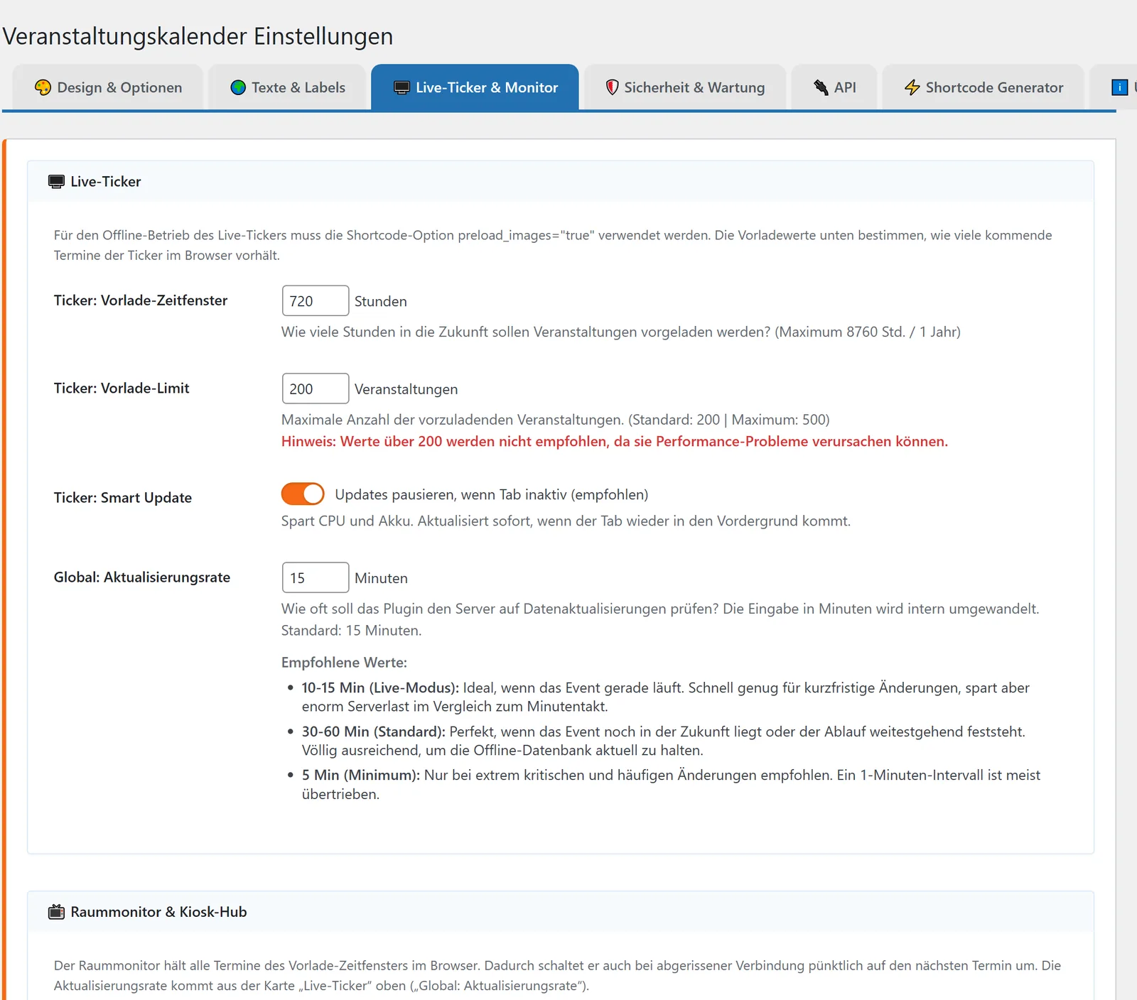 Reiter „Live-Ticker &amp; Monitor“: oben die Vorladewerte und die Aktualisierungsrate, darunter die Karte des Raummonitor-Add-ons.