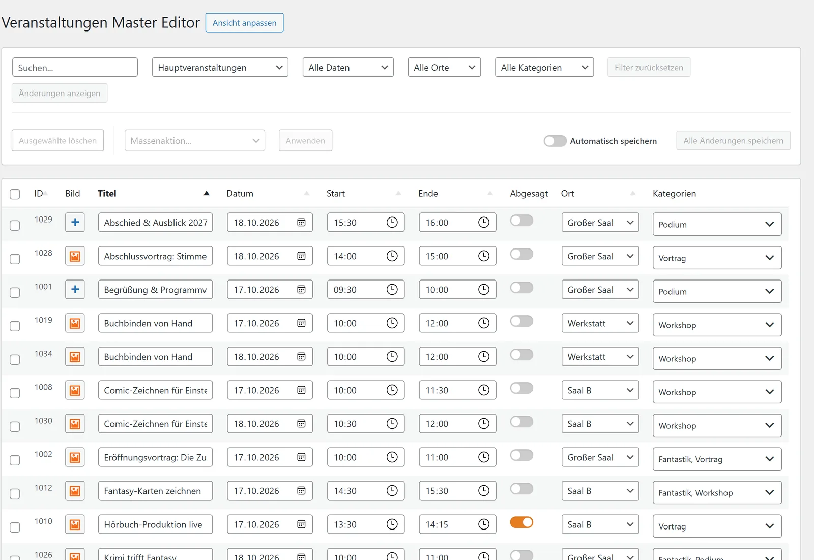 Der Master Editor: oben Suche und Filter, darunter Massenaktion, „Automatisch speichern“ und „Alle Änderungen speichern“, dann die Tabelle mit direkt bearbeitbaren Feldern.